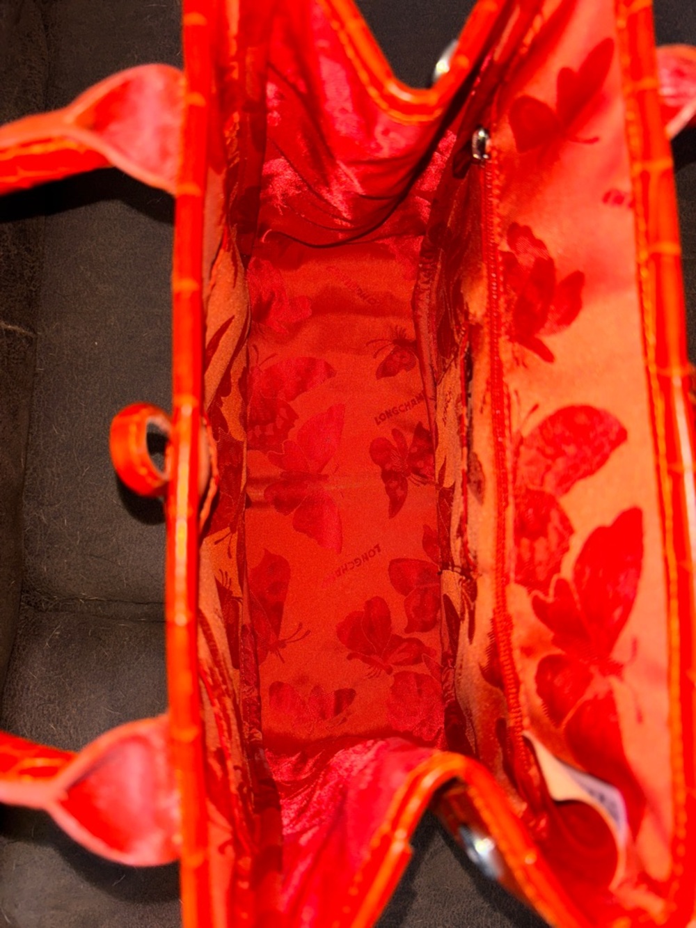 Croc-Embossed Orange Leather Satchel with Polished Hardw - Picture 5 of 10